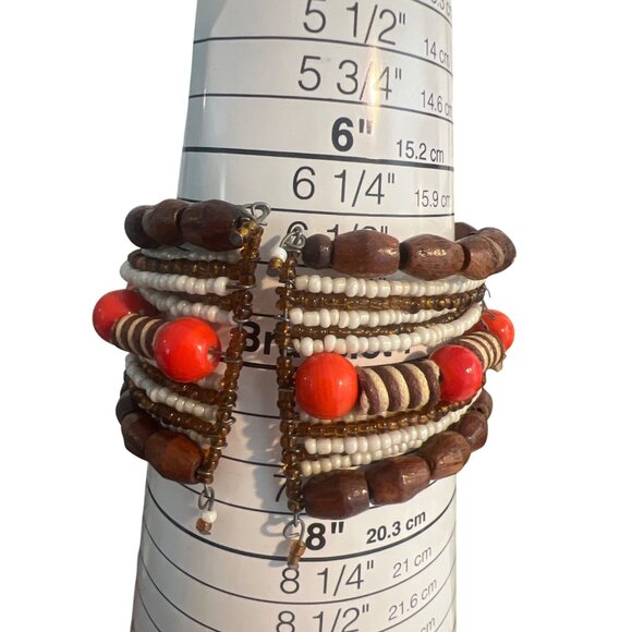Vintage Memory Wire Cuff Bracelet Wood Ceramic Beads Brown Orange Boho Estate - Picture 5 of 5